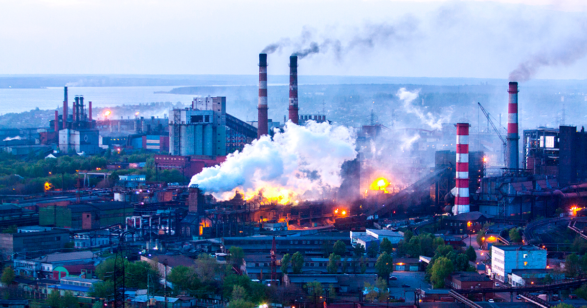 Industrial city with working plants from the height, Zaporozhye, Urkaine